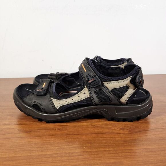 Ecco Yucatan Sandals Men's Black Tan Leather Comfort EU 45 US 11 Hook & Loop - Picture 1 of 12